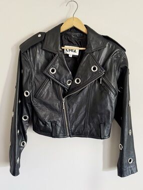 Vintage Black Leather Moto Jacket with Silver Grommets